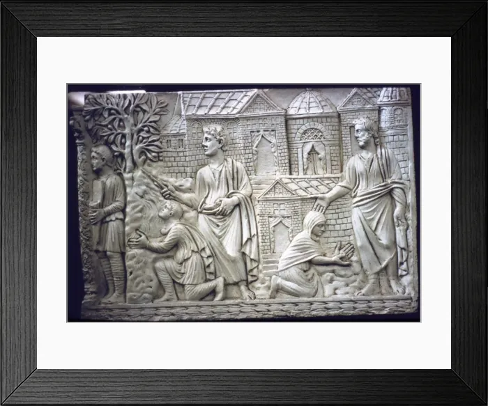 Framed Print : Moses Strikes the Rock, and Christ in the Garden, early Christian Sarcophagus, 4th century Framed Print : Moses Strikes the Rock, and Christ in the Garden, early Christian Sarcophagus, 4th century