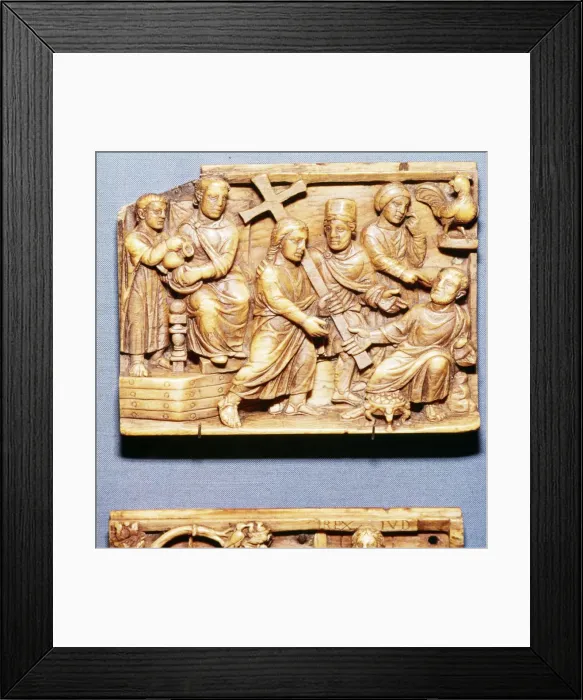 Framed Print : Pilate Condemns Christ and St Peter Denies Him, Ivory Panel, Byzantine Casket, early 5th century Framed Print : Pilate Condemns Christ and St Peter Denies Him, Ivory Panel, Byzantine Casket, early 5th century