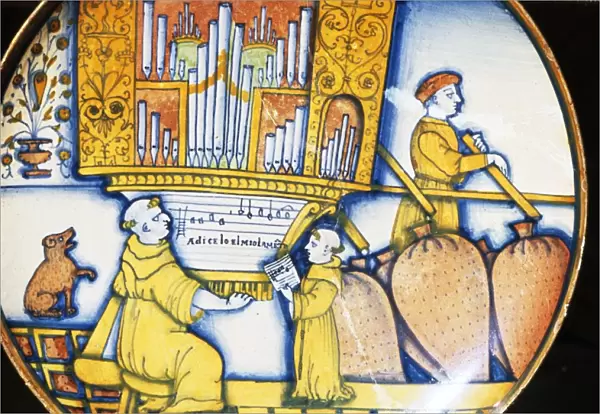 Monks and Organ with Sheet Music, Earthenware Italian Dish, c1515