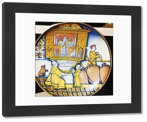 Monks and Organ with Sheet Music, Earthenware Italian Dish, c1515