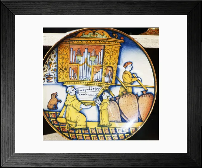Framed Print : Monks and Organ with Sheet Music, Earthenware Italian Dish, c1515 Framed Print : Monks and Organ with Sheet Music, Earthenware Italian Dish, c1515