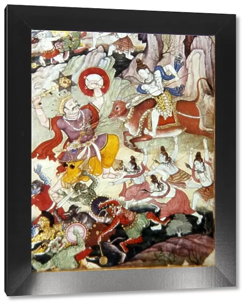 Siva Destroys the Demon and Haka, Harivamsa manuscript, Mughal School, c1590