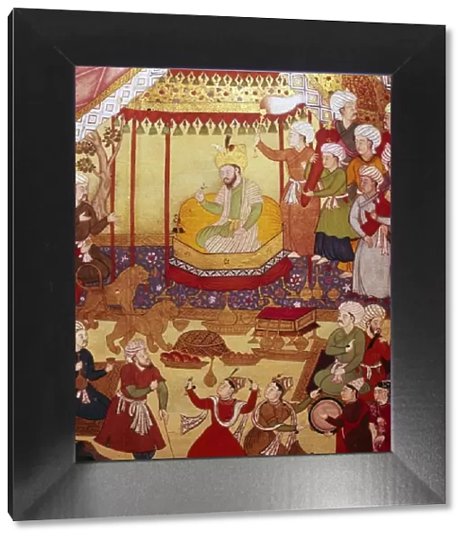 Timur enthroned during celebrations, Mughal manuscript, 1600-1601