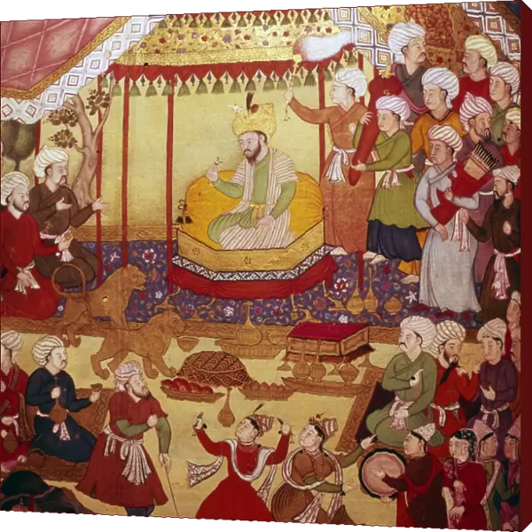 Timur enthroned during celebrations, Mughal manuscript, 1600-1601