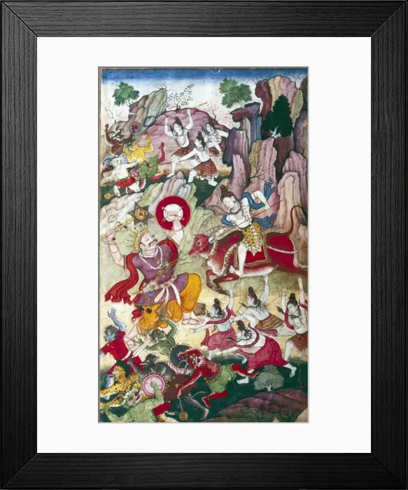 Framed Print : Siva destroys the demon Andhaka, Harivamsa manuscript, Mughul, c1590 Framed Print : Siva destroys the demon Andhaka, Harivamsa manuscript, Mughul, c1590
