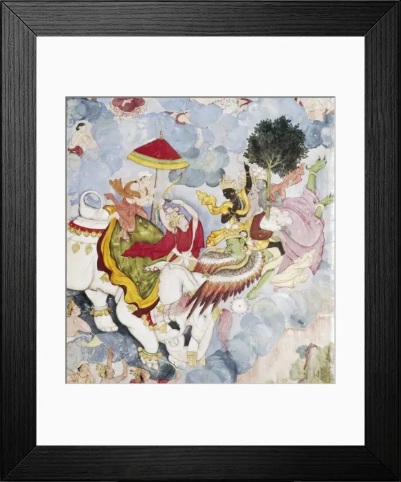 Framed Print : Krishna, (on Bird-God, Garuda) fights Indra (on elephant), Harivamsa manuscript, c1590 Framed Print : Krishna, (on Bird-God, Garuda) fights Indra (on elephant), Harivamsa manuscript, c1590