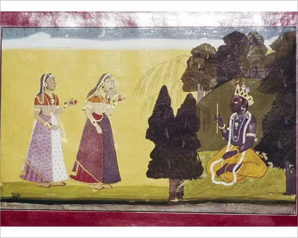 Krishna with flute, approached by two ladies