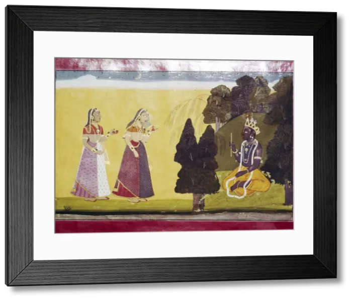 Framed Print : Krishna with flute, approached by two ladies Framed Print : Krishna with flute, approached by two ladies