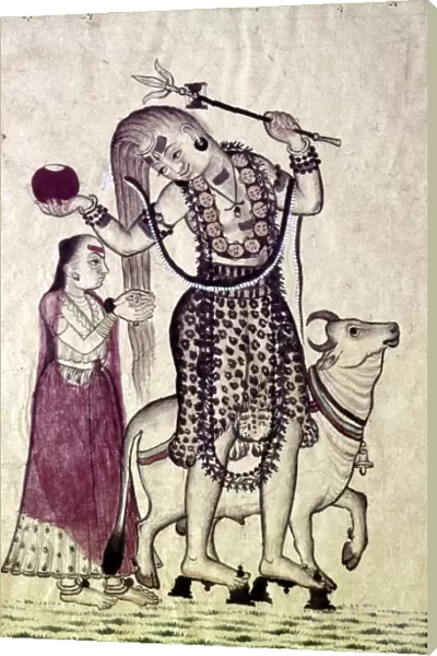 Siva, followed by his consort Parvati, walking with the Bull, Nandi, c1730