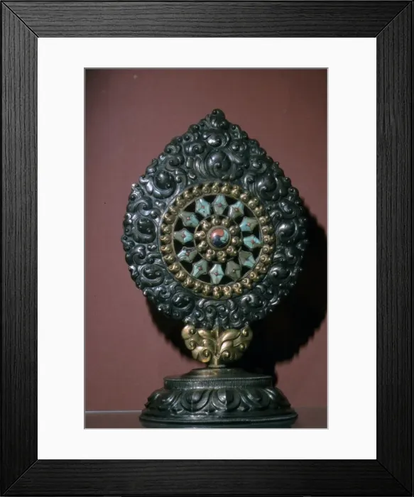 Framed Print : Tibetan Wheel of the Law inlaid with turquoise and coral Framed Print : Tibetan Wheel of the Law inlaid with turquoise and coral