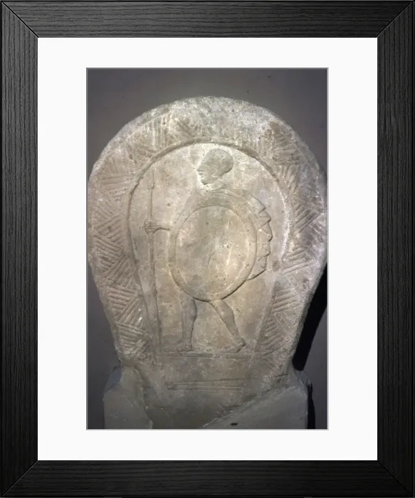 Framed Print : Etruscan Stela, Warrior with Shield and spear c420 BC-300 BC Framed Print : Etruscan Stela, Warrior with Shield and spear c420 BC-300 BC