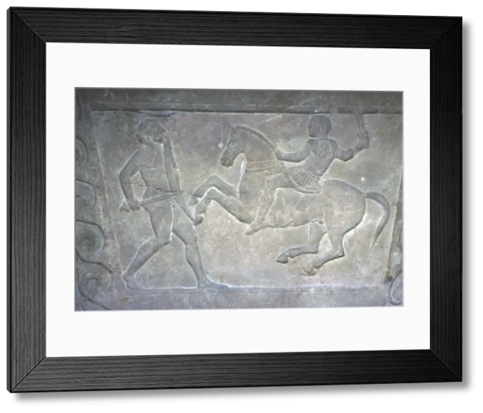 Framed Print : Etruscan Stela Detail, Combat between horseman and foot-soldier, c4th century BC Framed Print : Etruscan Stela Detail, Combat between horseman and foot-soldier, c4th century BC