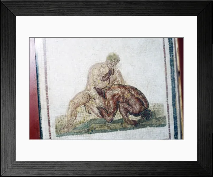 Framed Print : Roman Mosaic Wrestlers, c2nd-3rd century Framed Print : Roman Mosaic Wrestlers, c2nd-3rd century