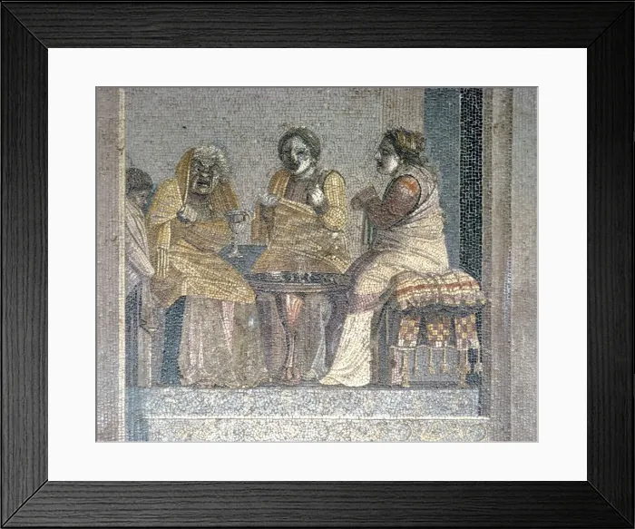 Framed Print : Roman mosaic of Scene from play with masked actors, Villa of Cicero, Pompeii, c2nd century BC. Artist: Dioscurides of Samos Framed Print : Roman mosaic of Scene from play with masked actors, Villa of Cicero, Pompeii, c2nd century BC. Artist: Dioscurides of Samos