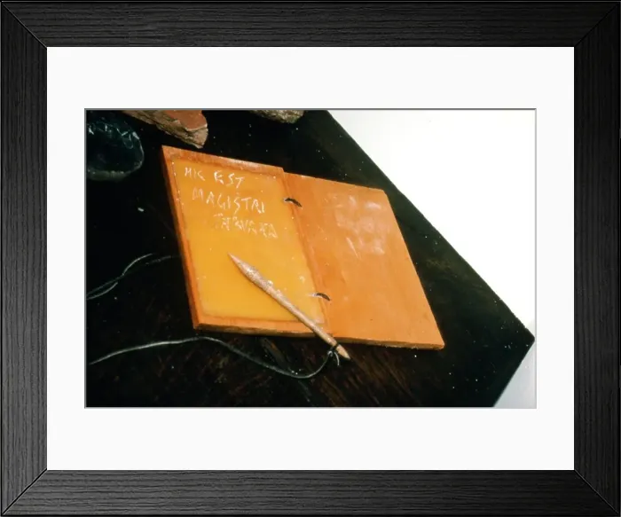 Framed Print : Roman Stylus, (original) and wax tablet, (reconstructed), c2nd century Framed Print : Roman Stylus, (original) and wax tablet, (reconstructed), c2nd century