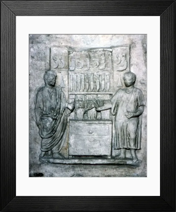Framed Print : Roman relief of a Shop Selling Knives, c2nd century Framed Print : Roman relief of a Shop Selling Knives, c2nd century