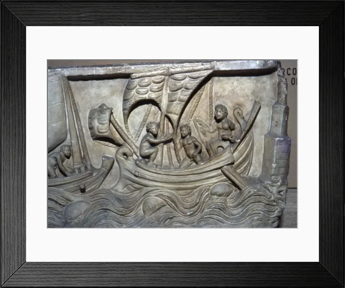 Framed Print : Roman relief, Merchant Ship with Lighthouse on right Framed Print : Roman relief, Merchant Ship with Lighthouse on right