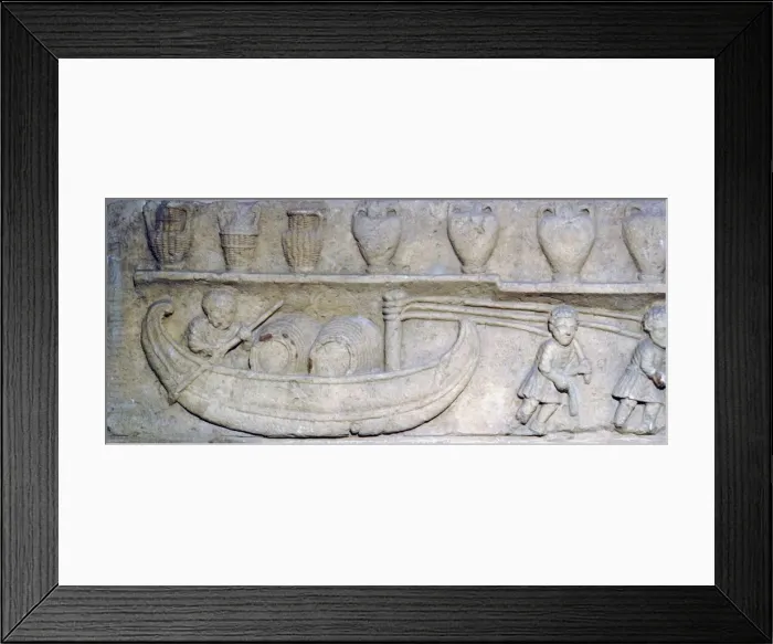Framed Print : Roman relief of River Barge transporting barrels, c2nd century Framed Print : Roman relief of River Barge transporting barrels, c2nd century