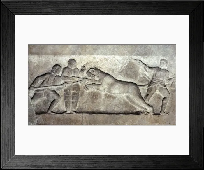 Framed Print : Stone relief ofStone relief of Gladiators fighting a lion, Turkey, c 323BC-31BC Framed Print : Stone relief ofStone relief of Gladiators fighting a lion, Turkey, c 323BC-31BC