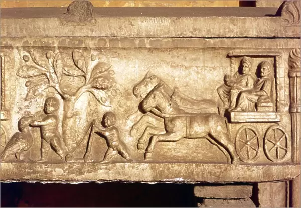 Roman Sarcophagus detail with Horsedrawn carriage and children playing c3rd century