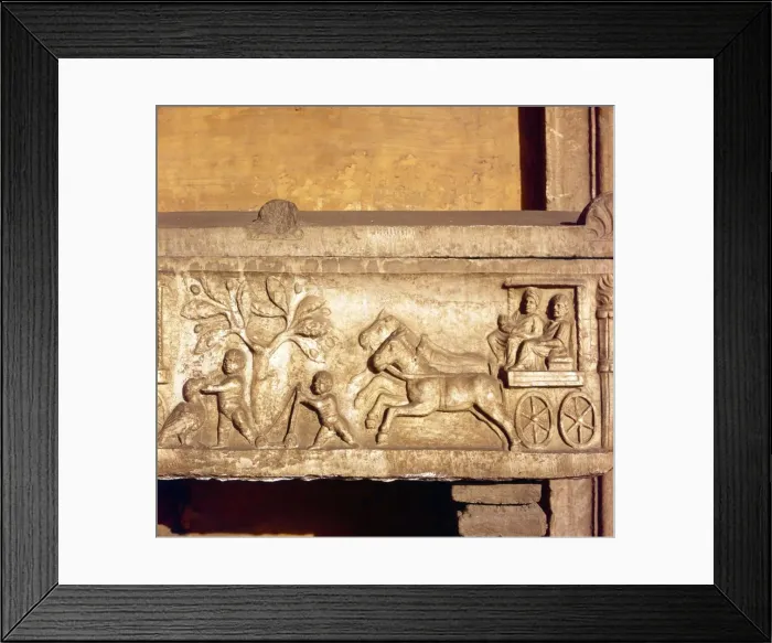 Framed Print : Roman Sarcophagus detail with Horsedrawn carriage and children playing c3rd century Framed Print : Roman Sarcophagus detail with Horsedrawn carriage and children playing c3rd century