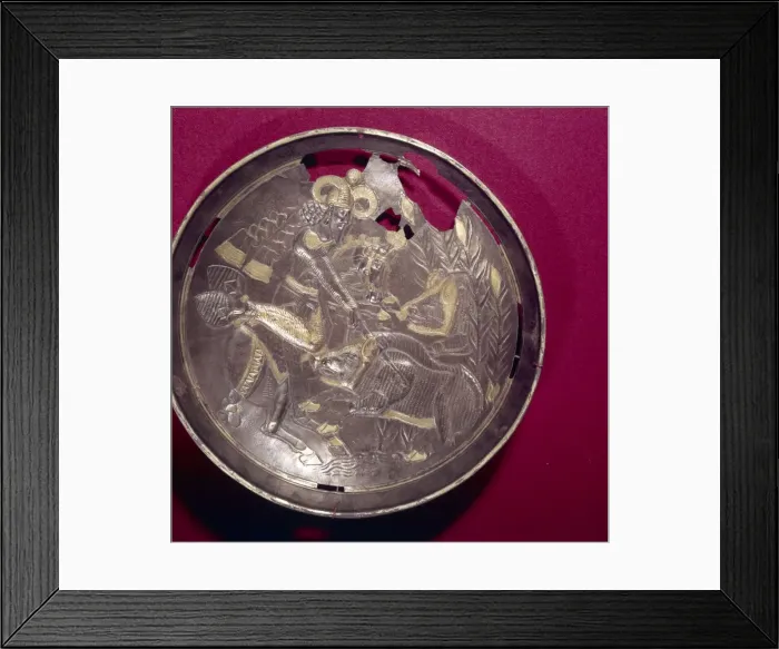 Framed Print : Sassanian Silver-Gilt Dish, King Hunts Boar, c 3rd-7th century Framed Print : Sassanian Silver-Gilt Dish, King Hunts Boar, c 3rd-7th century