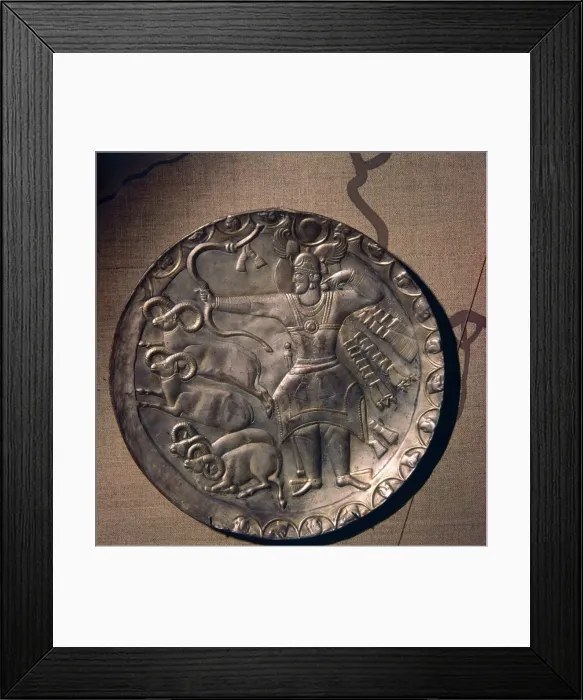 Framed Print : Sassanian Silver-Gilt Dish of King Peroz I, (459-484) Hunting Mouflon, c5th century Framed Print : Sassanian Silver-Gilt Dish of King Peroz I, (459-484) Hunting Mouflon, c5th century