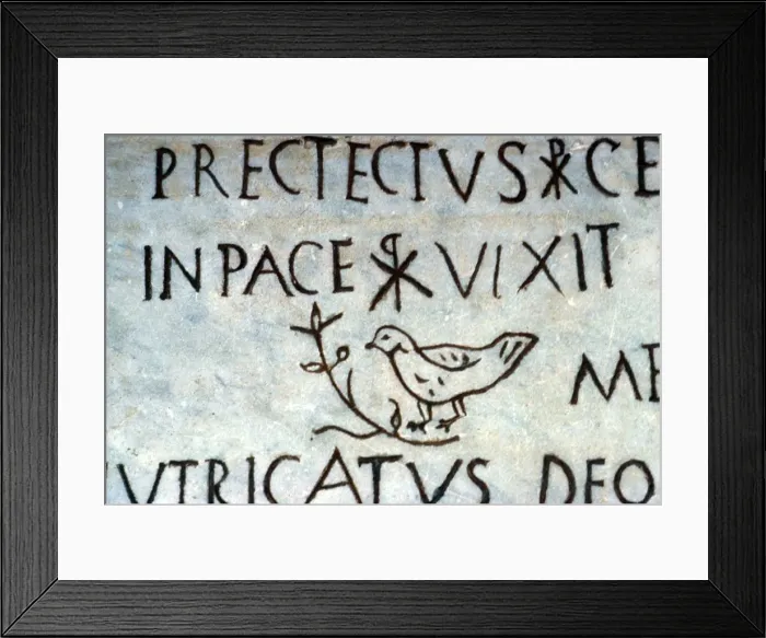 Framed Print : Detail of early Christian funerary inscription from the Catacombs of Rome, c3rd century Framed Print : Detail of early Christian funerary inscription from the Catacombs of Rome, c3rd century