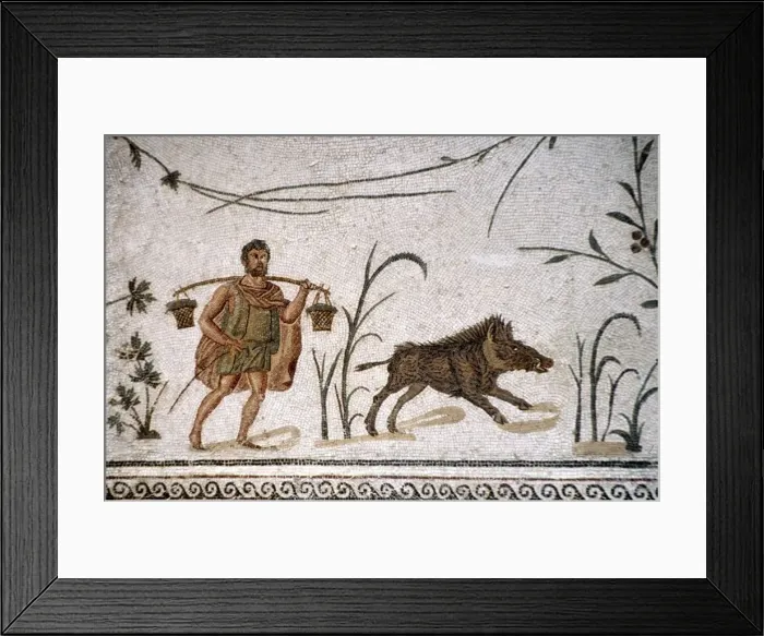 Framed Print : Roman Mosaic of Man and wild boar, c2nd-3rd century Framed Print : Roman Mosaic of Man and wild boar, c2nd-3rd century