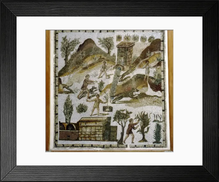 Framed Print : Rural Scenes on Roman Floor-Mosaic from Tabarka, Tunisia, 4th century Framed Print : Rural Scenes on Roman Floor-Mosaic from Tabarka, Tunisia, 4th century
