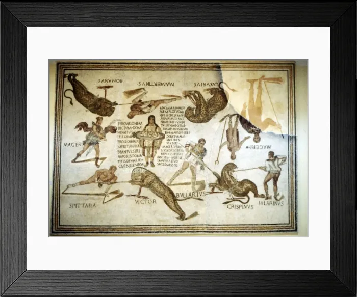 Framed Print : Telegenic Troupe kill leopards at Spectacle, Roman floor mosaic from Moknine, 3rd century Framed Print : Telegenic Troupe kill leopards at Spectacle, Roman floor mosaic from Moknine, 3rd century