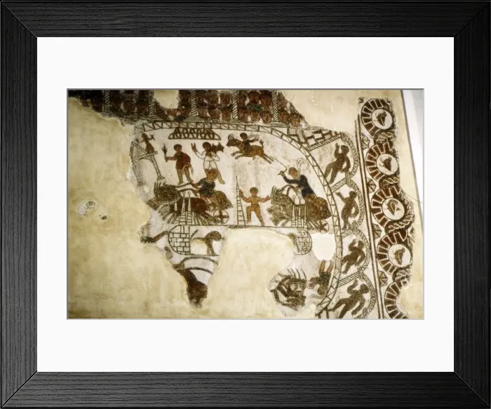 Framed Print : Roman mosaic, Chariot race, c2nd-3rd century Framed Print : Roman mosaic, Chariot race, c2nd-3rd century
