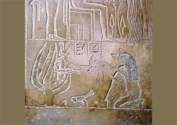 Egyptian relief, deceased priestess and Hathor with sycamore tree