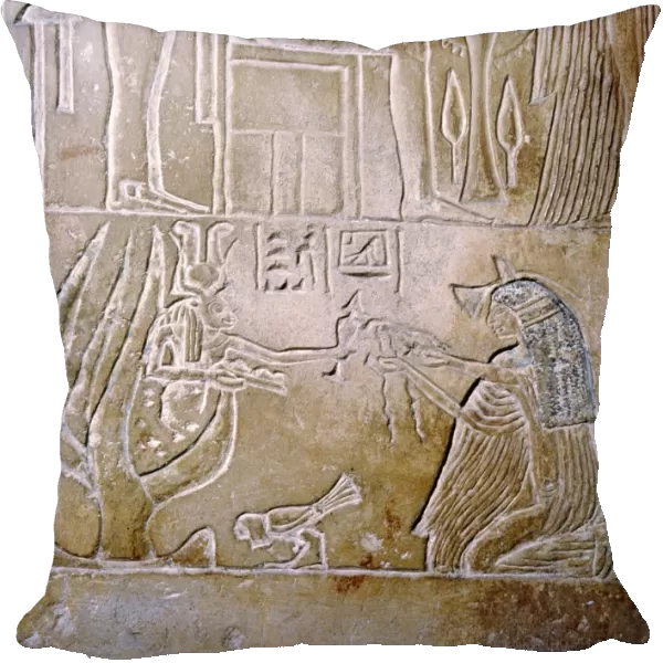 Egyptian relief, deceased priestess and Hathor with sycamore tree