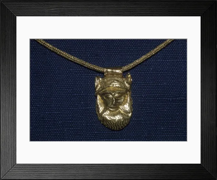 Framed Print : Gold Pendant of Satyrs Head from Caere, Etruscan Jewellery, c500 BC Framed Print : Gold Pendant of Satyrs Head from Caere, Etruscan Jewellery, c500 BC