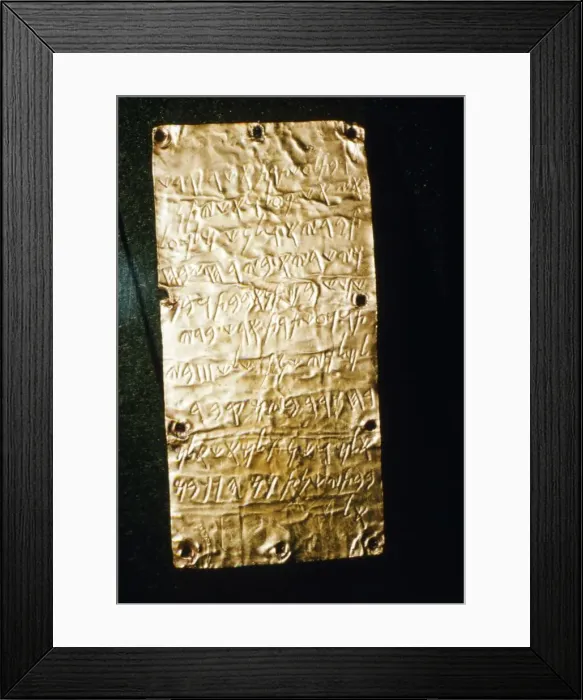 Framed Print : Etruscan Script on Gold Leaf at Villa Giulia, Rome, late 6th century BC- early 5th century BC Framed Print : Etruscan Script on Gold Leaf at Villa Giulia, Rome, late 6th century BC- early 5th century BC