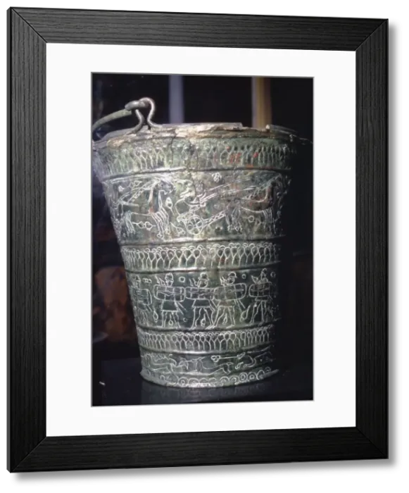 Framed Print : Bronze Situla with incised decoration showing warriors, Etruscan, Bologna, c6th century BC Framed Print : Bronze Situla with incised decoration showing warriors, Etruscan, Bologna, c6th century BC