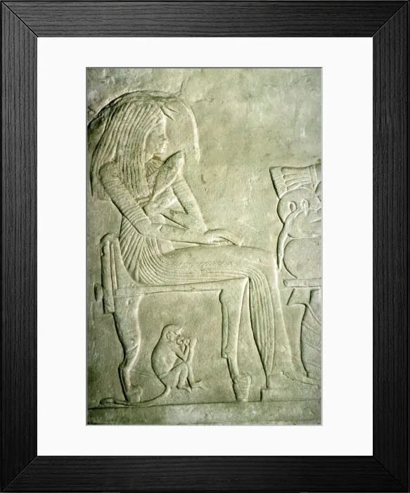 Framed Print : Egyptian Relief. Seated Lady with elaborate hairstyle Framed Print : Egyptian Relief. Seated Lady with elaborate hairstyle