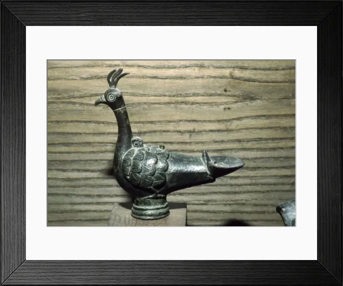 Framed Print : Bronze lamp in the form of a Peacock, c6th-7th century Framed Print : Bronze lamp in the form of a Peacock, c6th-7th century