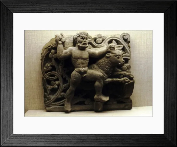 Framed Print : Comic relief, Egyptian Limestone, Herakles and the Cretian Bull, 4th century Framed Print : Comic relief, Egyptian Limestone, Herakles and the Cretian Bull, 4th century