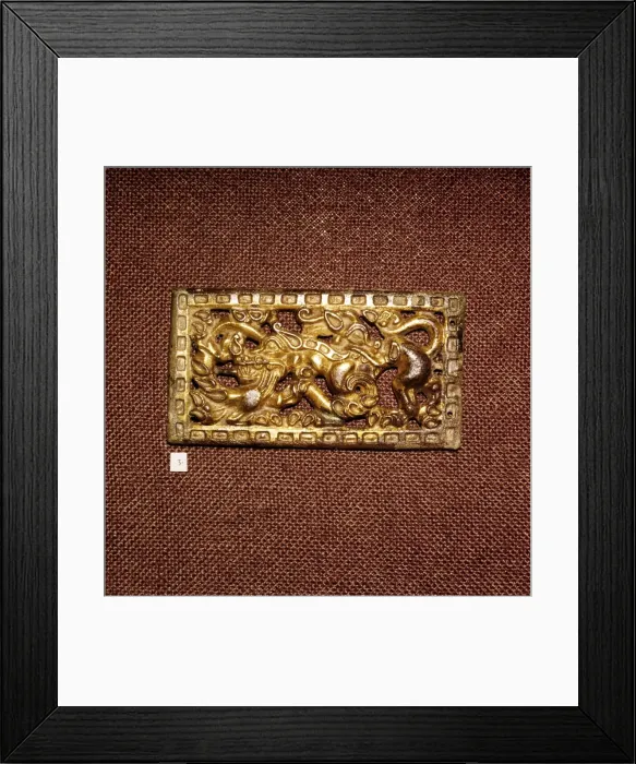 Framed Print : Gilded Bronze Harness Plaque of Two Animals Fighting, Ordos Region, c3rd century BC Framed Print : Gilded Bronze Harness Plaque of Two Animals Fighting, Ordos Region, c3rd century BC