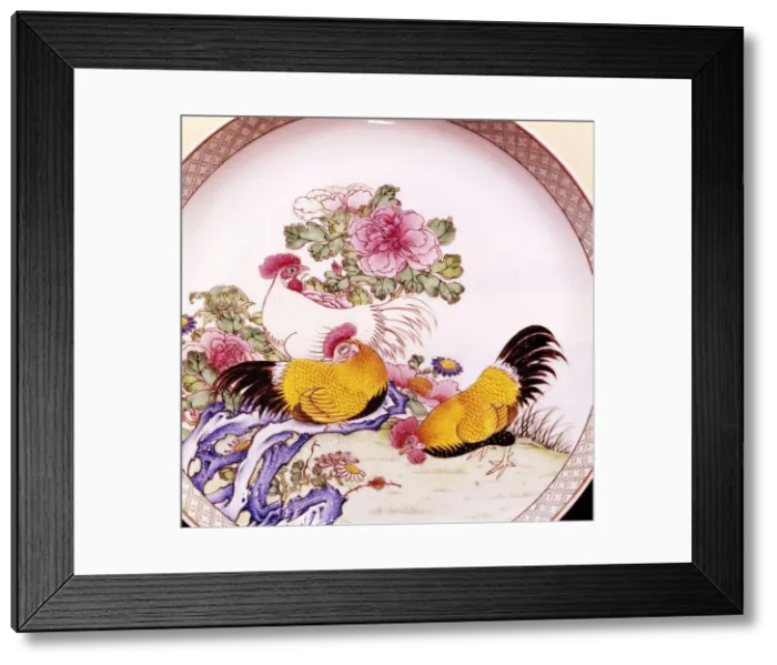 Framed Print : Cockerels, Famille Rose Enamel Porcelain Plate, Ch Ieh Lung, 1736-1795 Framed Print : Cockerels, Famille Rose Enamel Porcelain Plate, Ch Ieh Lung, 1736-1795