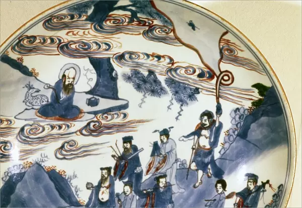 The immortals visit Shou-Lao, god of Longevity, Porcelain dish, 17th century