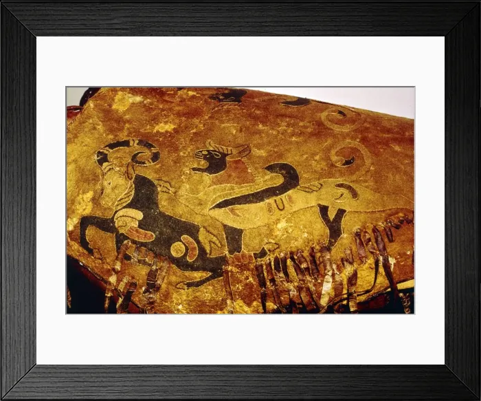 Framed Print : Saddle-Cover of Eagle-Griffin attacking Ibex, Pazyryk, Altai Region, 5th century BC-4th century BC Framed Print : Saddle-Cover of Eagle-Griffin attacking Ibex, Pazyryk, Altai Region, 5th century BC-4th century BC