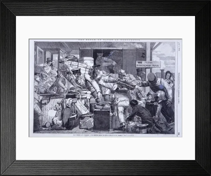 Framed Print : Break of Gauge at Gloucester, Gloucestershire, 6th June 1846. Artist: WJ Linton Framed Print : Break of Gauge at Gloucester, Gloucestershire, 6th June 1846. Artist: WJ Linton