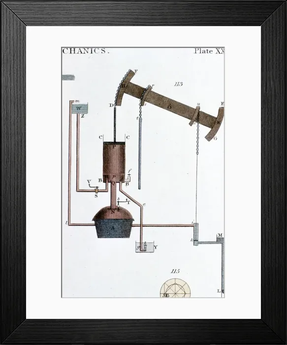 Framed Print : Schematic view of a Newcomen steam engine, early 19th century Framed Print : Schematic view of a Newcomen steam engine, early 19th century