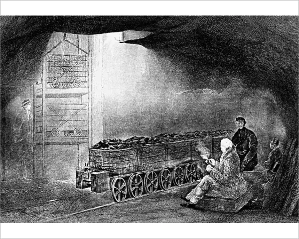 Bottom of a pit shaft in a coal mine with a train of loaded wagons, 1860