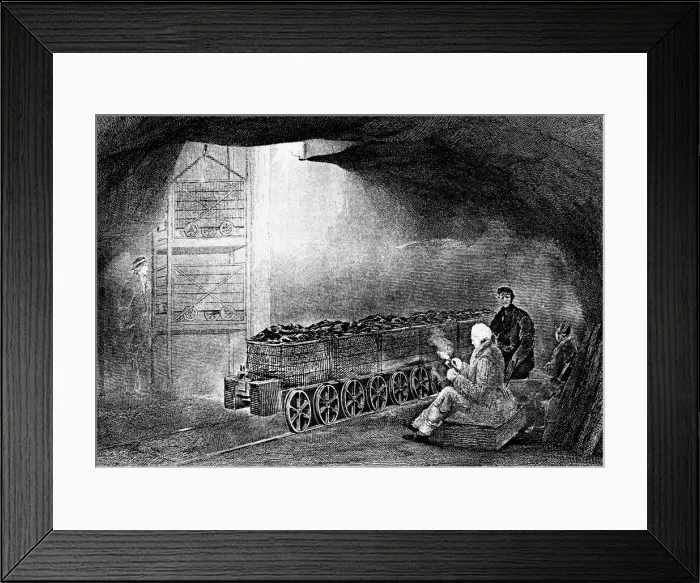 Framed Print : Bottom of a pit shaft in a coal mine with a train of loaded wagons, 1860 Framed Print : Bottom of a pit shaft in a coal mine with a train of loaded wagons, 1860