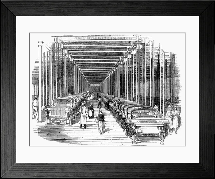 Framed Print : Weaving shed fitted with rows of power looms driven by belt and shafting, c1840 Framed Print : Weaving shed fitted with rows of power looms driven by belt and shafting, c1840