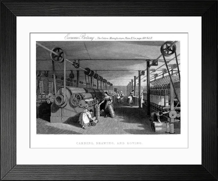 Framed Print : Carding, drawing and roving cotton, c1830 Framed Print : Carding, drawing and roving cotton, c1830